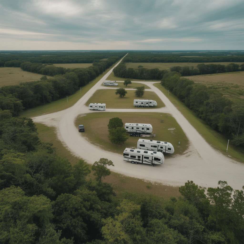 Aerial view of several RVs parked in a circular arrangement on a gravel road surrounded by green fields and trees under a cloudy sky. A long, straight road extends into the distance.
