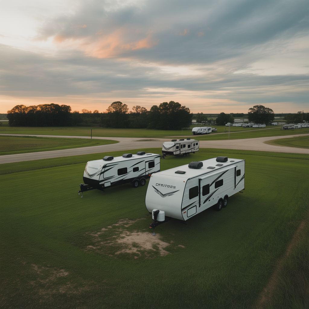 Several white travel trailers are parked on grassy areas near a curving road under a cloudy sky at sunset, with trees and open fields in the background, creating a peaceful rural camping scene.