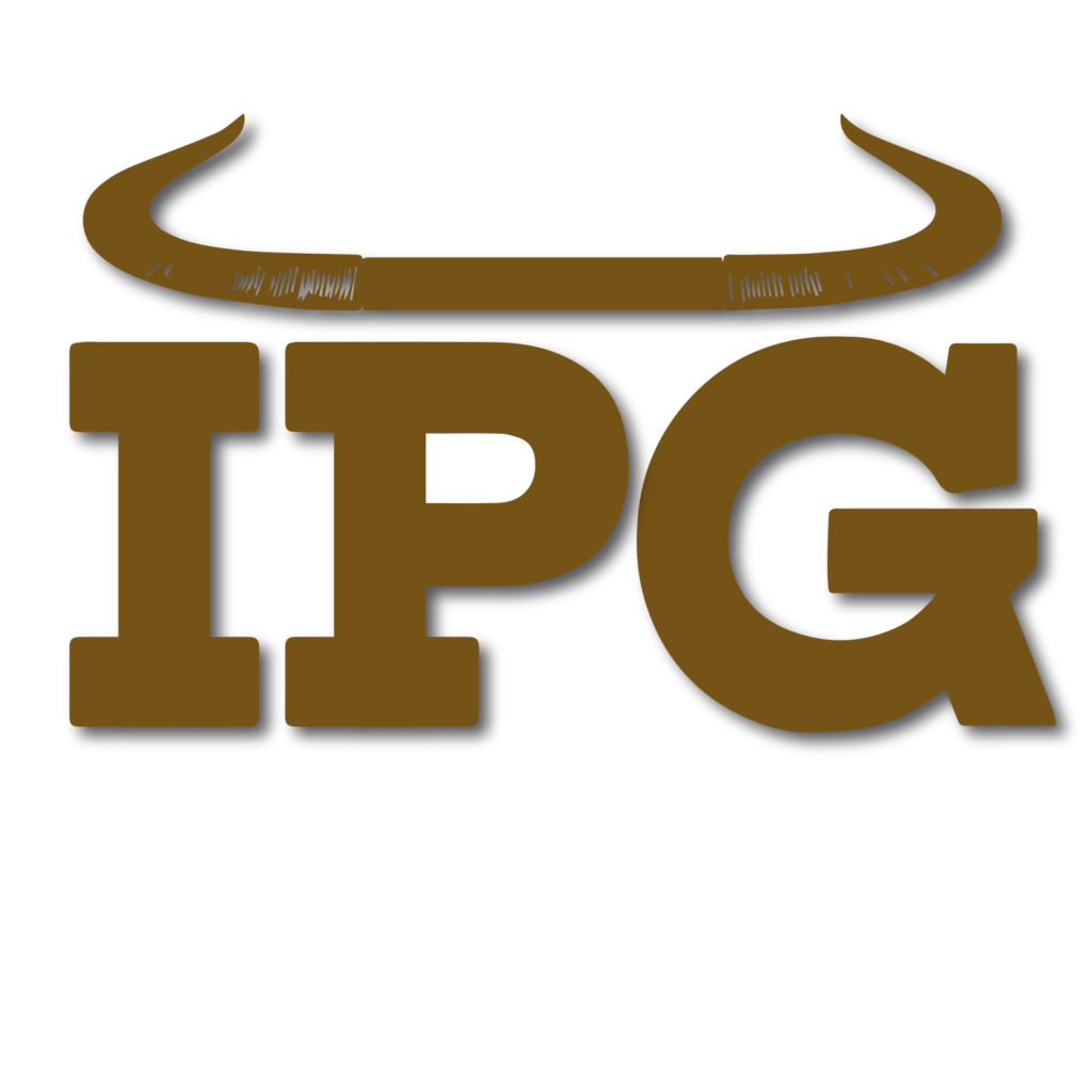 The image shows the letters "IPG" in bold brown font, with a stylized brown bull horn above the letters, giving the impression that the horn is resting on top of the text. The background is white.