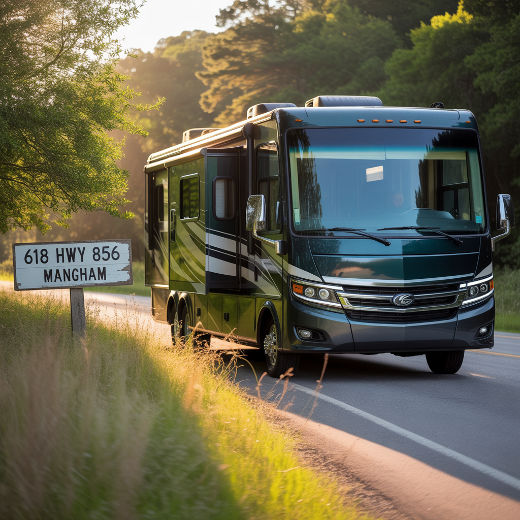 A large, dark green RV drives down a rural road in sunlight, passing a road sign that reads "618 HWY 856, Mangham," with trees and grass lining the roadside.
