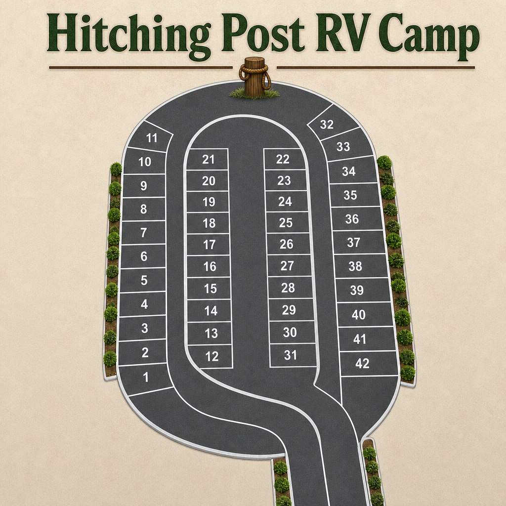 A map of Hitching Post RV Camp showing numbered parking spots arranged in two rows, with a curved entrance/exit road. Spots are labeled 1 to 42.